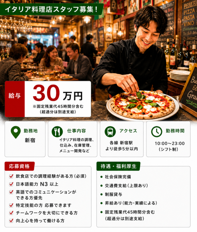 外食業】イタリアレストラン、ピザ店、新宿駅から徒歩圏内の店